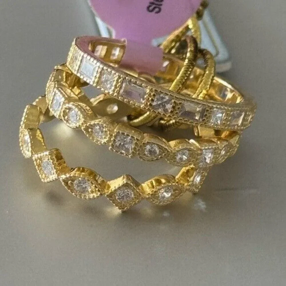 Set of 3 Rings Gold Plated 925 Sterling Silver Rings CZ Sones Sz. 9